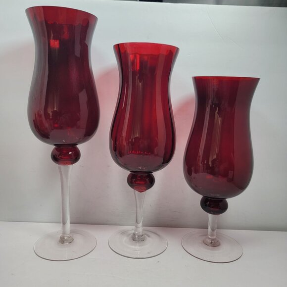 Hurricane Red Glass Candle Holders With Clear Stems Set of 3 - Picture 2 of 8